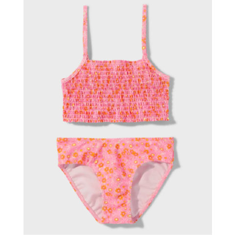Teen girls smocked top, daisy print swimwear, girls bikini, recycled, repreve fabric for sale at factory direct price