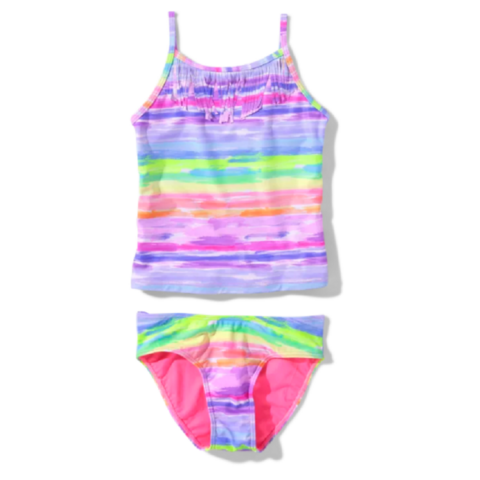 Teen girls Pink tie dye print, 2 sets swimwear, with neck fringe, recycled, repreve fabric for sale at factory direct price