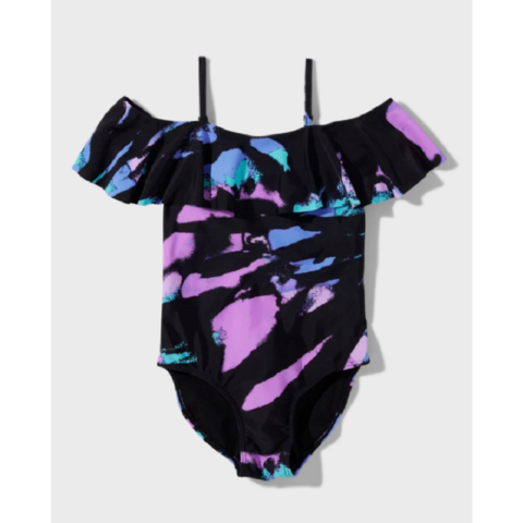 Teen girls black tie dye print, one shoulder off swimwear, with layer ruffle, recycled, repreve fabric for sale at factory direct price