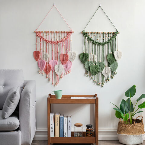 Weldomcor Macramé Tenture Murale Boho Feuilles Et Plumes - Décoration Murale Jaune Pour Salon, Chambre, Balcon - 40x50