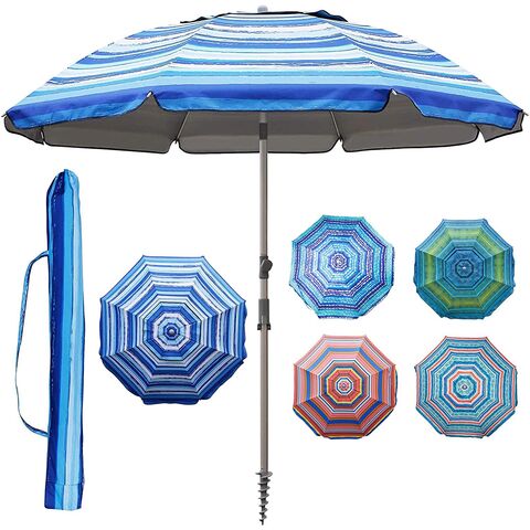 Portable beach umbrella with sand anchor windproof,Push Button Tilt and Air vent UV 50+ Protection