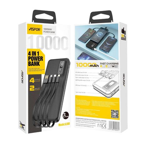 Batterie Externe Aspor A300 10000mAh/20000mAh avec Câble de Charge 4 en 1 Intégré et 4 Câbles USB Amovibles