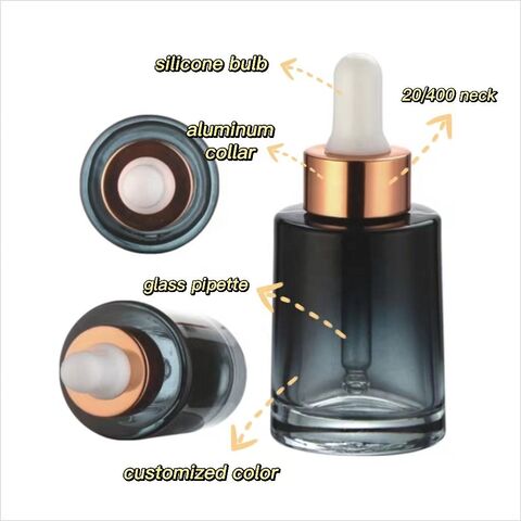 Frasco gotero de vidrio de lujo de 30 ml con nuevo diseño para aceite esencial, envase para suero para el cuidado de la piel con gotero dorado metálico