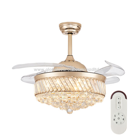 36 in. Modern Indoor Retractable Blade Ceiling Fan with LED Light and  Remote Control Gold Crystal Ceiling Fan Light