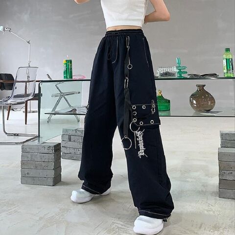 Gothic Black Low Waist Zipper Chains Bell Bottoms Cargo Pants for