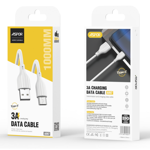 Cable de Datos USB a Micro ASPOR A095 1M 3A 5A Carga Rápida PD para Teléfono Móvil Blanco