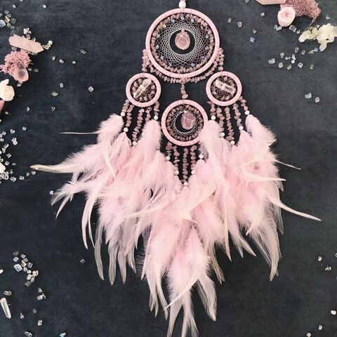 Pink Feather Natural Rose Quartz Dream Catcher Crystal