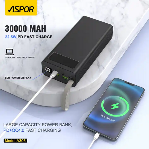 Power Bank - Portable Charger 30000mAh Fast Charge 22.5W Powerbank Large  Capacity QC3.0 Fast Charger 2 Output LCD External Battery Pack Compatible