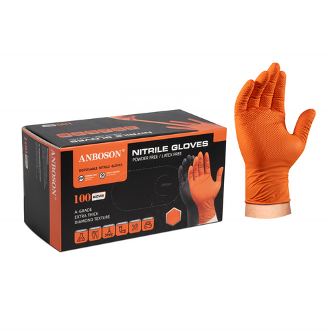 Guantes de seguridad industriales para mecánicos, de nitrilo, naranja y negro, de alta resistencia (6 mil), con agarre micro-texturizado para automoción.