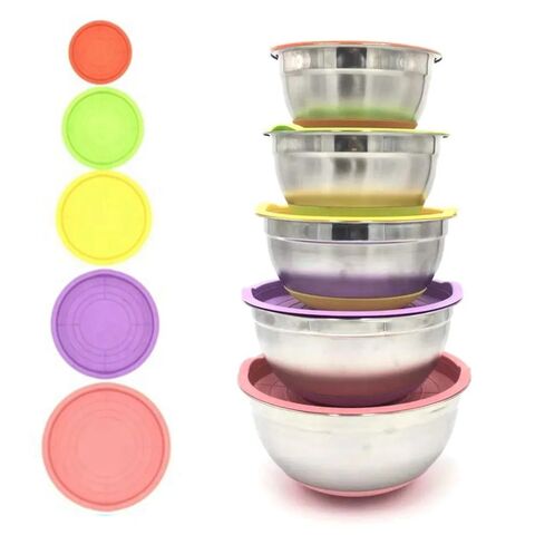 5Pcs/Set Stainless Steel Mixing Bowls With Lids Kitchen Food Storage Egg  Beater Salad Bowl With Non-slip Colorful Bottom