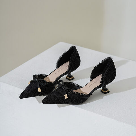 Zapatos de tacón bajo estilo francés, diseño 2024, zapatos individuales con lazo, temperamento elegante para mujer, tacón medio, finos, para verano.