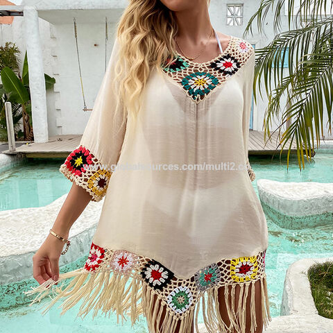 Vente en gros de vêtements de plage bohèmes en dentelle pour femmes, caftan d'été pour la plage