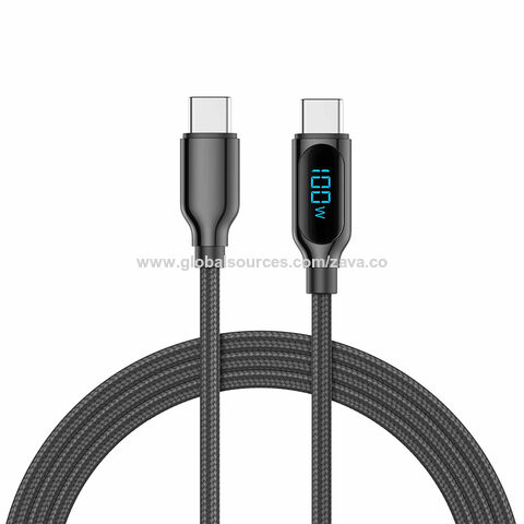 Cabo de dados USB-C para USB-C 60W em liga de zinco com display digital, 1.2M. Cabo de dados tipo C para carregamento de telemóveis.