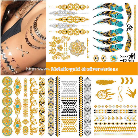 Venta al por mayor de calcomanías de tatuajes metálicos dorados y plateados, tatuajes a prueba de agua