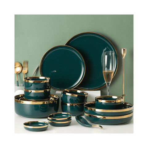 Großhandel Gold Geschirr Set Luxus Schalen Teller Löffel Porzellan Keramik Geschirr für Restaurants und Veranstaltungen for sale at factory direct price