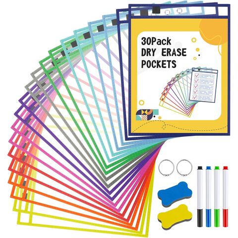 30 Packs Oversized Reusable Dry Erase Pocket Sleeves with 2 Rings Black