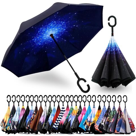Parapluie Inversé Renversé Extra Large à Double Couche Ventilée, Parapluies Bâtons Coupe-Vent Imperméables avec Poignée en Forme de C