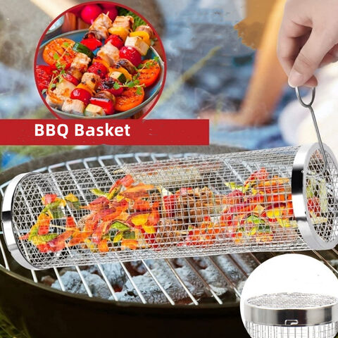 Cestas de Parrilla Rodantes para Barbacoa al Aire Libre, Tubo de Red de Acero Inoxidable, Jaula de Cilindro de Rotación Grande de Malla para Cocinar for sale at factory direct price