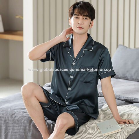 Herren Seide Satin Pyjama Sets Kurzarm Nachtwäsche Button-Down PJs Sets Zweiteilige Loungewear mit Taschen for sale at factory direct price