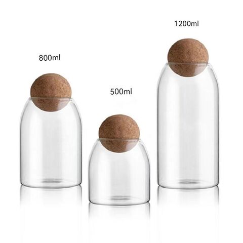 Frasco de vidro para armazenamento de alimentos com tampa hermética de cortiça, recipiente transparente com rolha de cortiça redonda para cozinha for sale at factory direct price