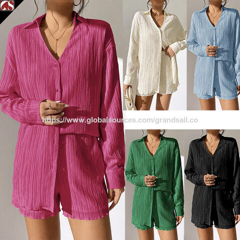 Conjunto feminino de verão, camisa de manga curta com botões e shorts de cintura alta, estilo streetwear, mais vendido for sale at factory direct price