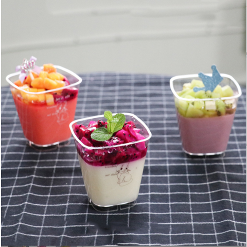 Grands gobelets carrés à mousse, gobelets à dessert en copeaux de bois, gobelets à fruits, gobelets à gâteaux, gobelets en plastique transparent jetables 250 ml