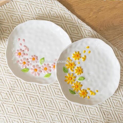 Platos de porcelana floral en relieve irregular hechos a mano para bocadillos, postres, ensaladas, aperitivos, platos de cerámica pintados a mano de 20 cm