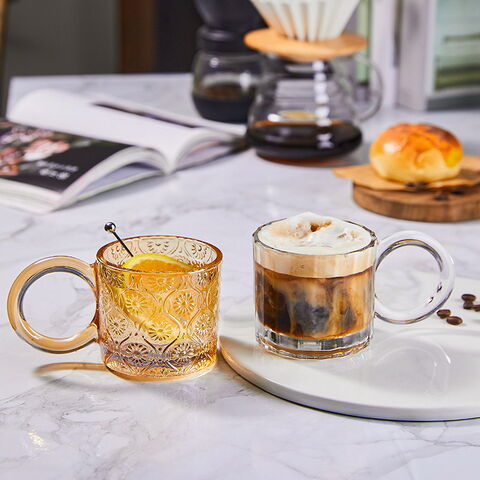 Vintage Glass Sunflower Embossed Glass Coffee Cup colorful Glass Coffee Mug With Handle for sale at factory direct price