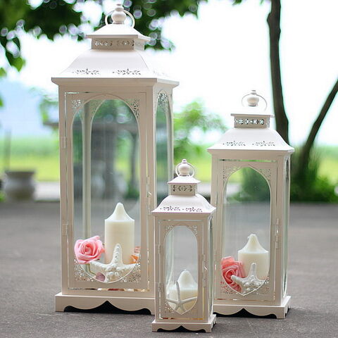 Lanterna Decorativa de Casamento em Metal Branco, Castiçal para Decoração de Casa e Eventos Nupciais por Atacado for sale at factory direct price