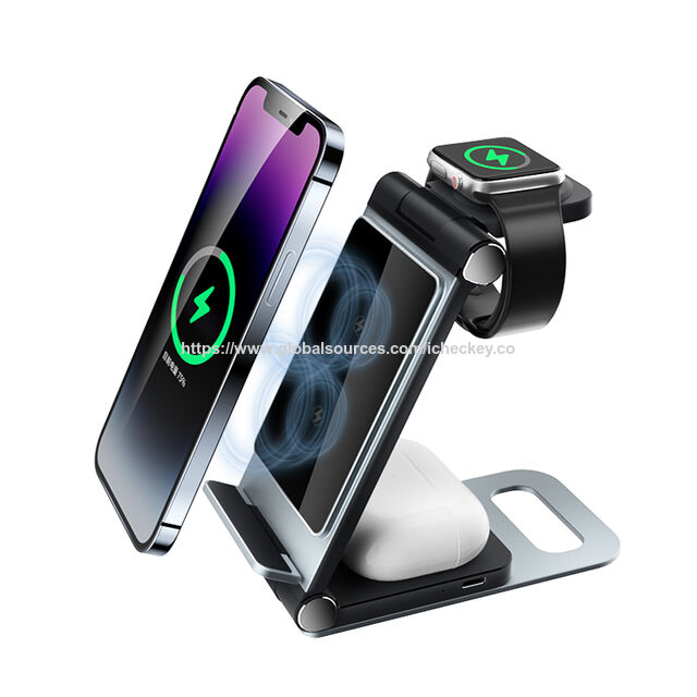 Dual Coil 3-in-1 Wireless Charger aus Aluminiumlegierung für Android, schnelles 15W, faltbares, kabelloses Reiseladegerät, Desktop-Handy-Ladepad