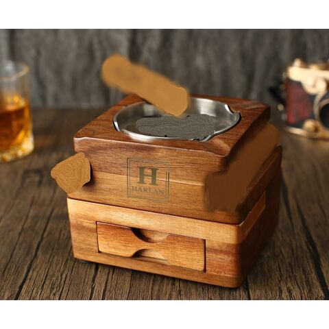 Cinzeiro de madeira com tampa, cinzeiro interno removível, porta-copos de madeira para copo de whisky com cortador e gaveta para armazenamento for sale at factory direct price