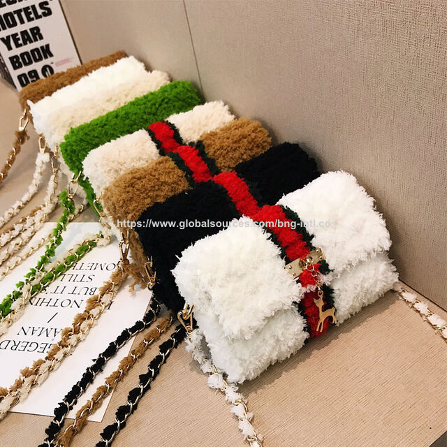 Bolso tejido a mano de malla de lana, bandolera de un solo hombro, bolso de piel sintética para mujer, bolso de felpa DIY, bolsos de punto for sale at factory direct price