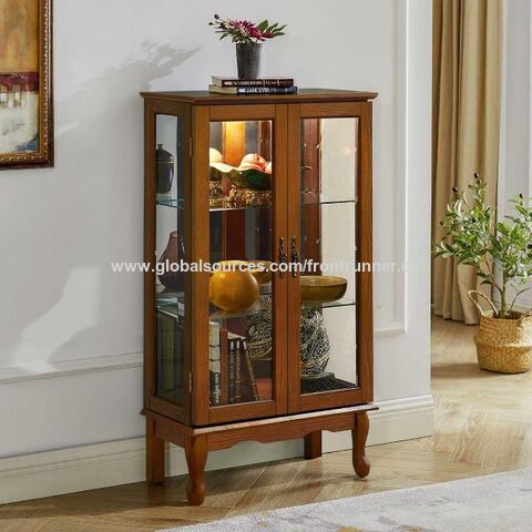 Vitrina de Curiosidades con Espejo y Puertas de Cristal, Vitrina de Exhibición Iluminada para Vajilla con Estantes Ajustables y Puerta de Cristal, Color Nogal