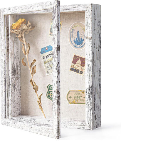 Schattenbox-Bilderrahmen mit Leinenhintergrund - Echtes Glas, inklusive Reißzwecken, stabiler rustikaler Erinnerungs-Schaukasten, Antikweiß for sale at factory direct price