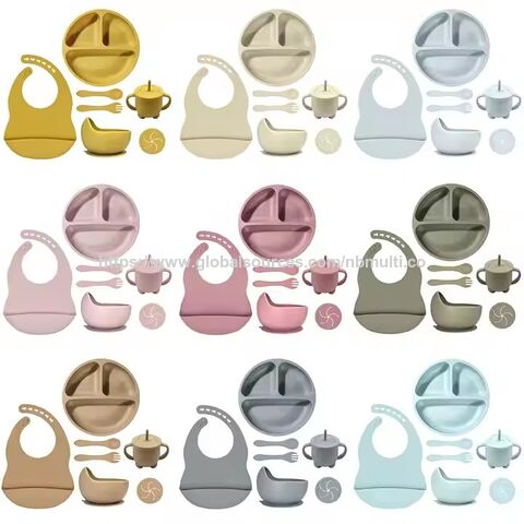 Vaisselle pour bébé en porcelaine de qualité alimentaire en gros : assiette à ventouse, bavoir en silicone, fourchette, cuillère, ensemble d'alimentation, vaisselle sans BPA for sale at factory direct price