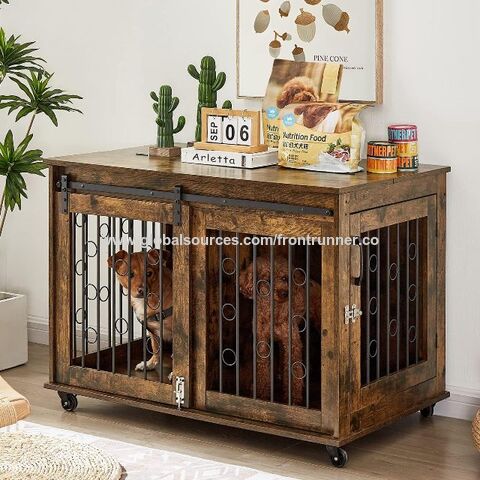 Caseta de Madera para Perros con Puerta Corrediza Tipo Granero, 99 cm, Mesa Auxiliar de Madera con Ruedas y Tapa Abatible, Casa para Perros con Divisor Desmontable