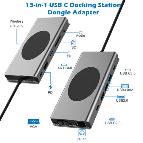 Docking Station USB 13 en 1 con 2 HDMI, 3 Puertos USB 2.0/3.0 de Alta Velocidad, Lector de Tarjetas TF/SD, RJ45 100M, Audio de 3.5 mm y Cargador Inalámbrico de 15W