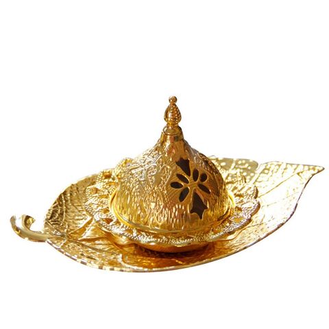 Quemador de Incienso de Mano Dorado con Diseño Calado, Soporte para Incienso en Forma de Torre Dorada, Bandeja Pequeña para Hojas, Quemador de Incienso para Fiestas Musulmanas y Decoración del Hogar