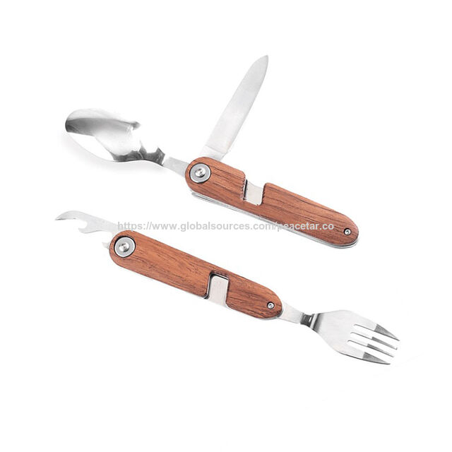 Kit de Repas Fonctionnel 5-en-1 avec Outils en Acier Inoxydable et Manche en Bois. Longueur Pliée de 10,5 cm. Idéal pour le camping, la randonnée et les activités de plein air. Vente en gros. for sale at factory direct price