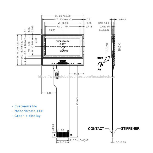 Pantalla LCD mono de 0.96 pulgadas, FSTN/POSITIVO/TRANSMISIVO, 1/65 Duty, 1/9 Bias, resolución de 128x64. Panel LCD monocromático para aplicaciones industriales y comerciales. for sale at factory direct price
