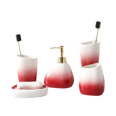 Conjunto de acessórios de banheiro de cerâmica para hotel personalizado em porcelana: Copo de enxaguante bucal, porta-escova de dentes, saboneteira, dispensador
