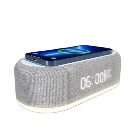 Altavoz Inalámbrico Inteligente Multifunción con Luz LED, Reloj, Cargador Inalámbrico de 15W, Altavoz Bluetooth, Batería de Plástico, OEM Pasivo