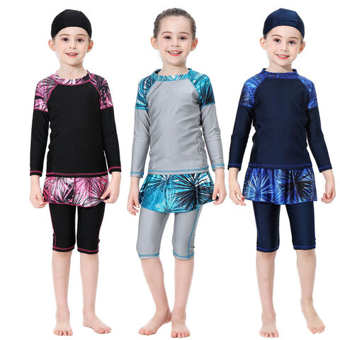 WOO Muslim Kids Summer Swimwear Full Cover Three Pieces Elegant Printing Islamic Swim Suits For Girls 3-15years for sale at factory direct price