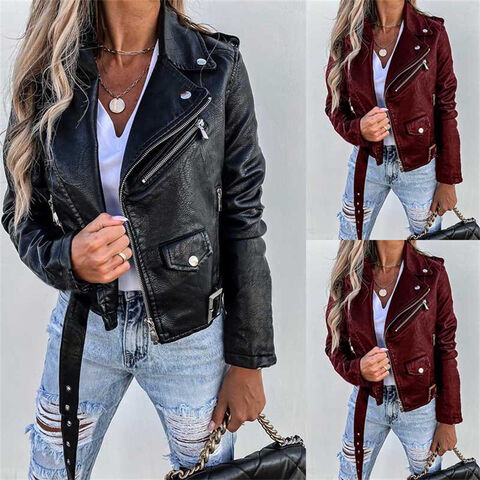 WOO Fashion Jaket Pendek Wanita Slim Streetwear Kasual Oversized Solid Resleting Pakaian Luar Wanita Mantel Jaket Kulit Motor Wanita for sale at factory direct price