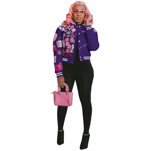 WOO 2023 Koleksi Musim Semi Terbaru: Jaket Baseball Wanita Modis Motif Cetak, Jaket Varsity Saku, Trendsetter Jalanan, Jaket Bomber untuk Wanita for sale at factory direct price