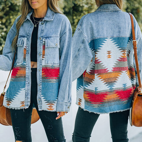 WOO Kedatangan Baru Jaket Panjang Lengan Panjang Gaya Barat Longgar Shacket Boho Outerwear Denim Vintage Aztec untuk Wanita - Jaket Kemeja Wanita Grosir for sale at factory direct price