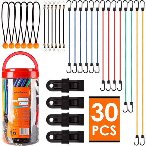 32-teiliges Gummiseil-Sortiment im Behälter, inklusive 10", 18", 24", 32", 40" Gummiseile mit Haken, 8" Planen-Gummibänder und Planenclips. Vielseitiges Gummiseil-Set für B2B. for sale at factory direct price
