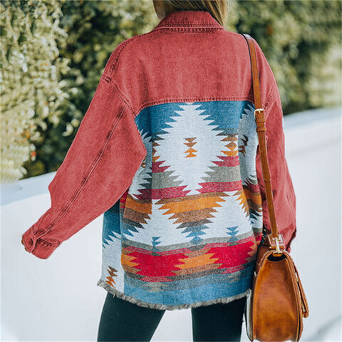 Kedatangan Baru Kemeja Jaket Lengan Panjang Longgar Gaya Barat Boho Outerwear Vintage Denim Aztec untuk Wanita Grosir for sale at factory direct price