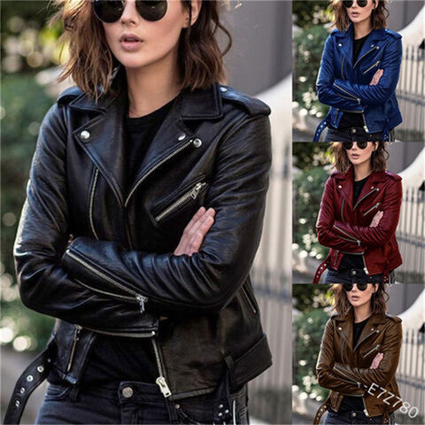 Jaket Pendek Wanita JJ Fashion Streetwear Kasual Slim Fit Resleting Polos Ukuran Besar Pakaian Luar Wanita Mantel Jaket Kulit Motor Wanita for sale at factory direct price