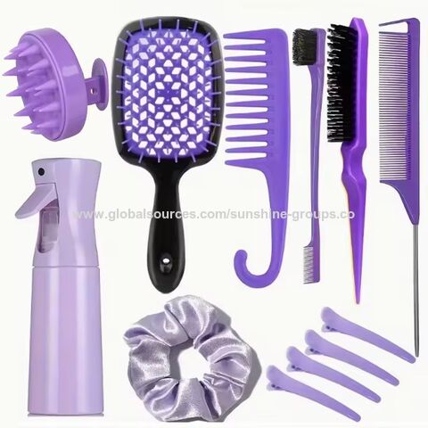 Juego de herramientas de peluquería: cepillo para el cabello, peine de cola, cepillo para bordes, masajeador de cuero cabelludo de silicona, cepillo de champú para ducha, pulverizador, herramientas de estilismo